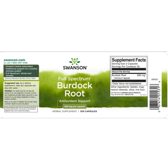 Swanson Full Spectrum Burdock Root Capsules 460mg x 100