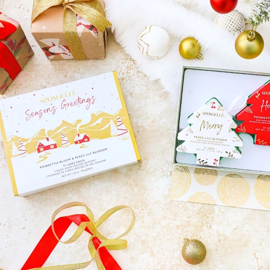 Spongelle Season's Greetings Body Wash Infused Buffers Gift Set Poinsetta Bloom & Peace Lily Blossom