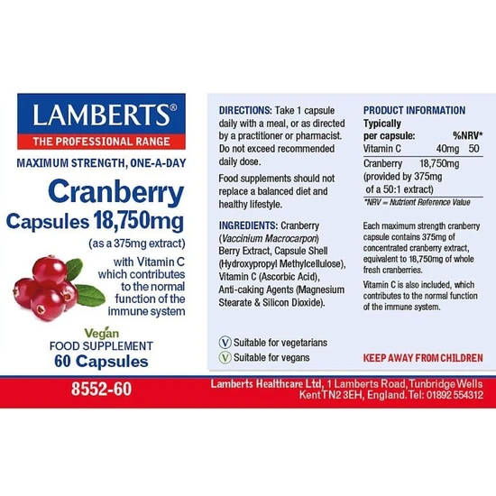 Lamberts Cranberry 18, 750mg Capsules 60 Capsules