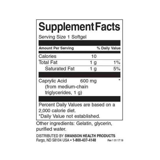 Swanson Caprylic Acid 600mg 60 Softgels