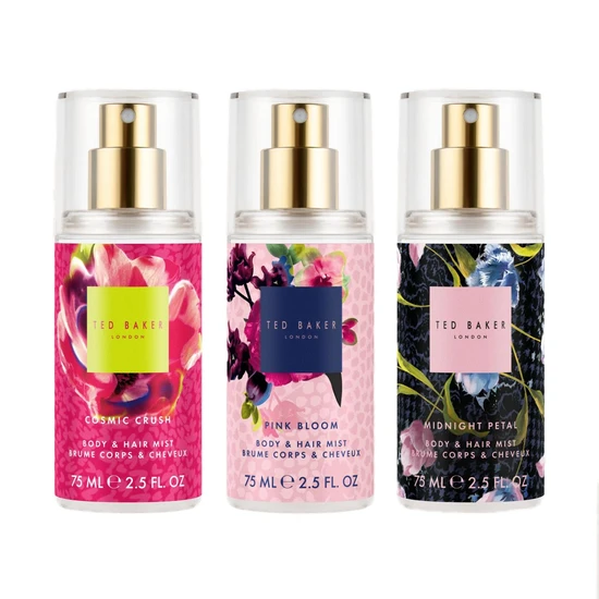 Ted Baker Fusion Body & Hair Fragrance Mist Trio Gift Set 75ml Cosmic Crush, 75ml Pink Bloom & 75ml Midnight Petal