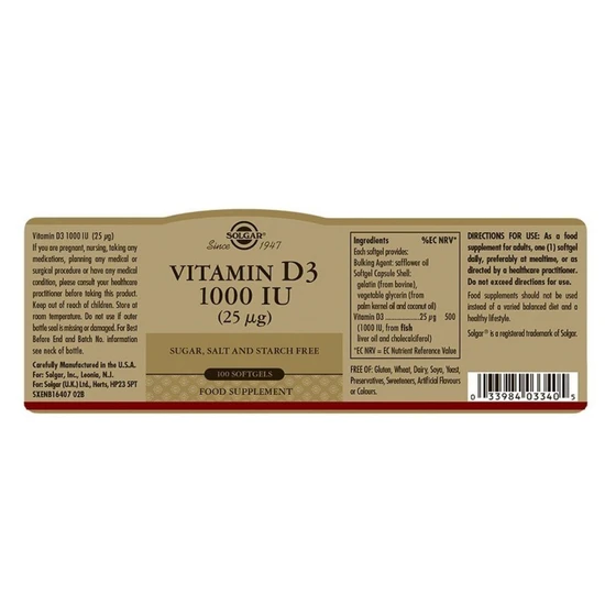 Solgar Vitamin D3 25ug 1000iu Softgels 100 Softgels