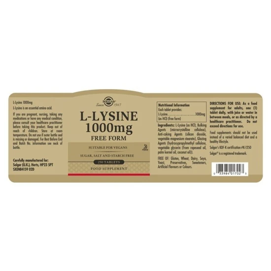 Solgar Amino Acids L-Lysine 1000mg Tablets x250