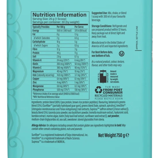 SunWarrior Shape Protein & Collagen Greens Vanilla 750g