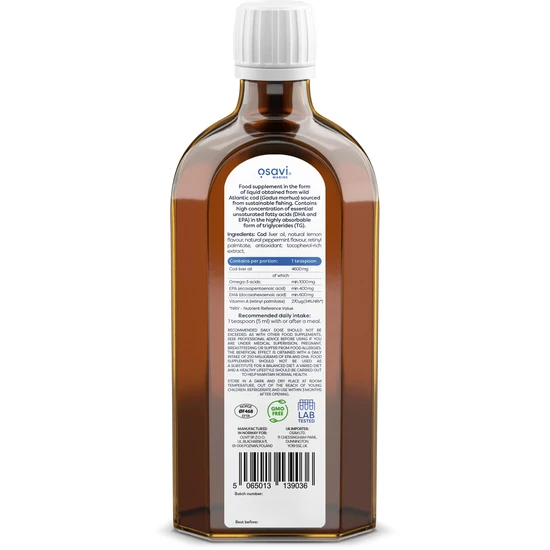 Osavi Norwegian Cod Liver Oil 1000mg Omega 3 Lemon-Mint 250ml