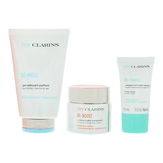 Clarins Hydration Gift Set 125ml Cleansing Gel, 50ml Energising Face Cream & 15ml Replumping Night Mask