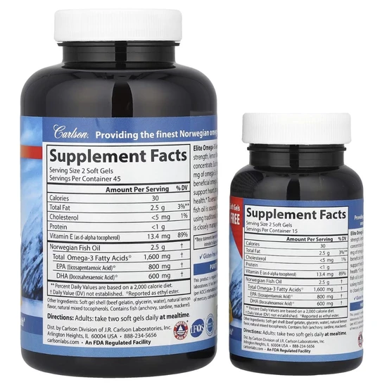 Carlson Labs Elite Omega-3 Gems 1600mg Natural Lemon Softgels 90 + 30