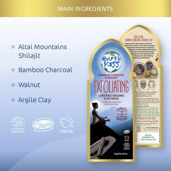 Earth Kiss Inspirations Exfoliating Organic Clay Mask With Shilajit, Bamboo Charcoal & Walnut To Exfoliate Your Skin 10g