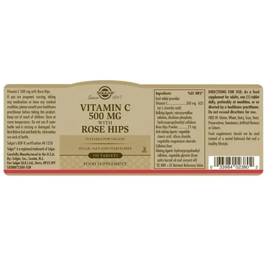Solgar Vitamin C 500mg With Rose Hips Tablets 100 Tablets