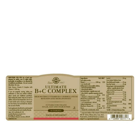 Solgar Ultimate B+C Complex Tablets 60 Tablets