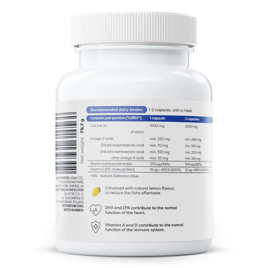 Osavi Norwegian Cod Liver Oil Softgels 1000mg Lemon Softgels 60 Softgels