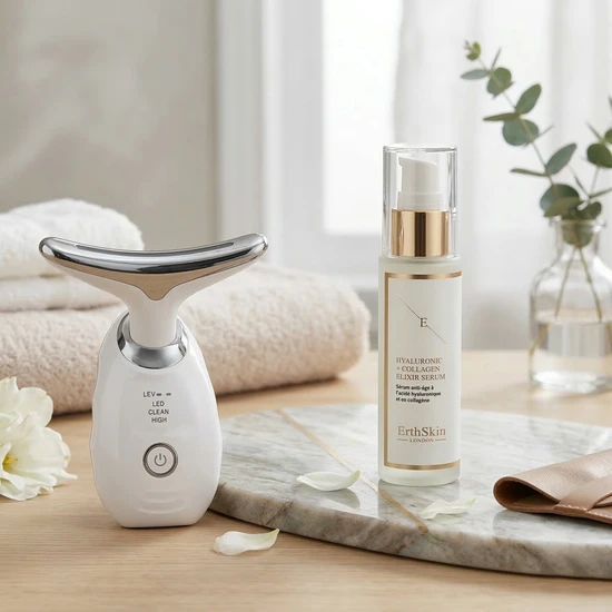 Erth Skin London Hydra Firm Anti Ageing Set Age Defying Face And Neck Massager White With HA Serum