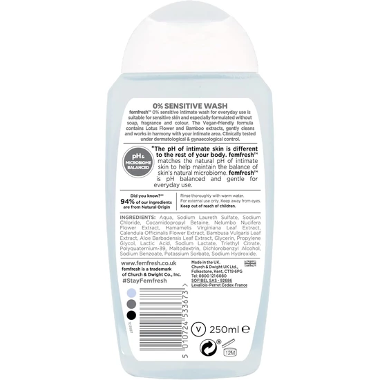 Fem Fresh Zero Percent Sensitive Intimate Wash 250ml