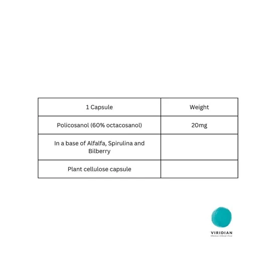 Viridian Policosanol 20mg Capsules 30 Capsules