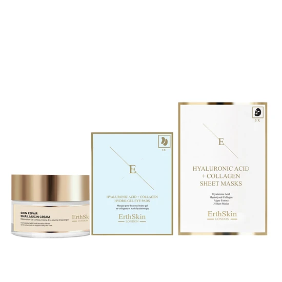 Erth Skin London Skin Repair Snail Mucin Cream 50ml + Hyaluronic Acid + Collagen Hydrogel Eye Pads 5 X 2 + Hyaluronic Acid & Collagen Mask (3 Sheets)